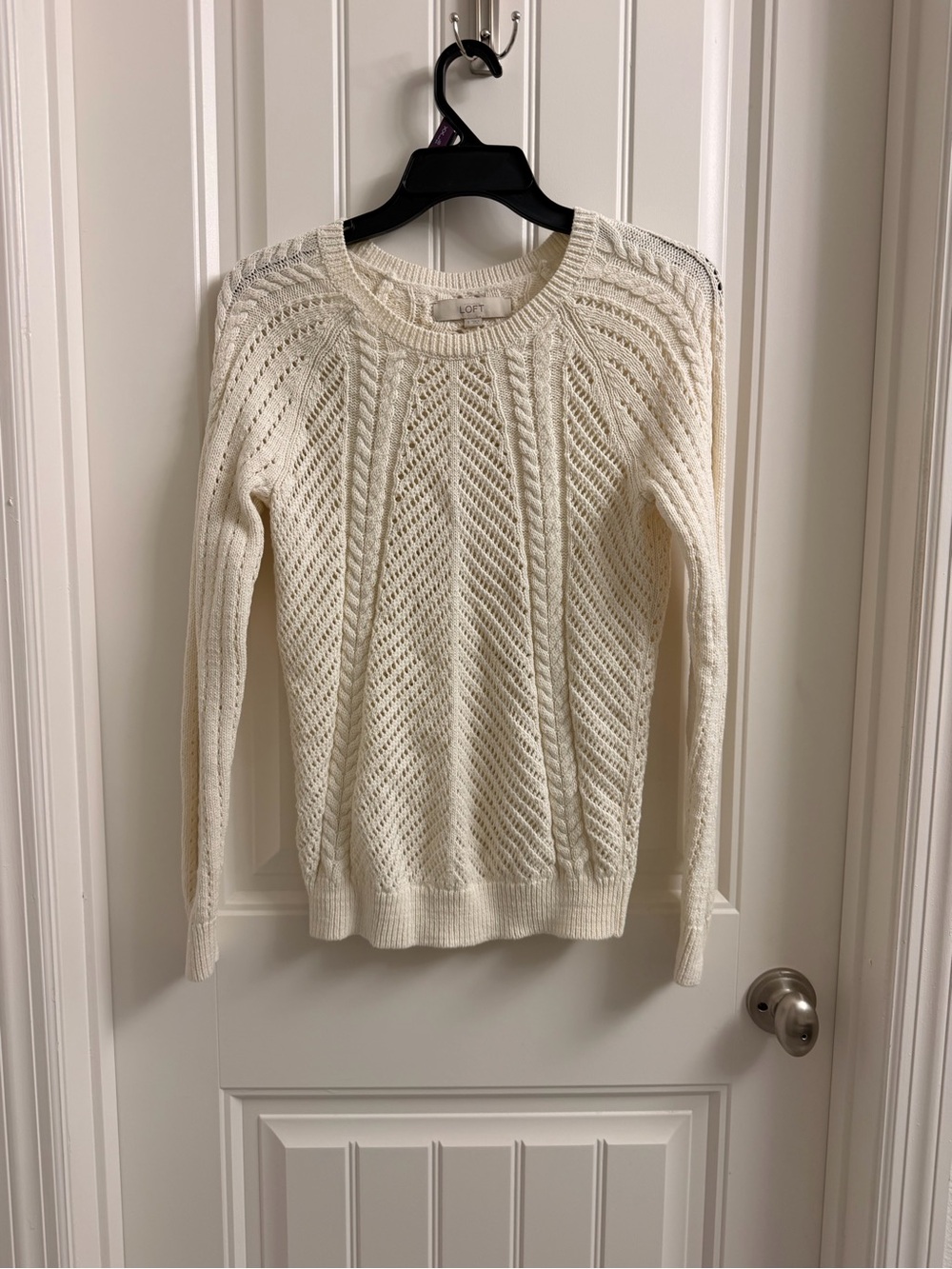 LOFT Cream Open-Knit Cable Crewneck Sweater